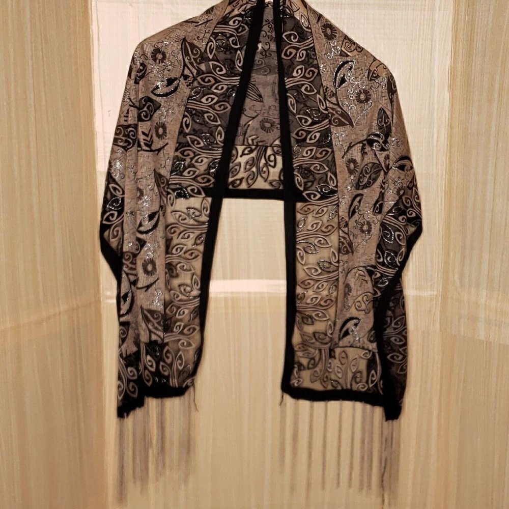 Unbranded Womens Black Tan Semi Sheer Fringe Scarf OS